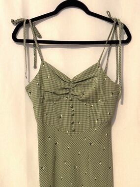 Cottagecore Floral Embroidered Gingham Tie Strap Mermaid Maxi Dress US 6 Nasty G